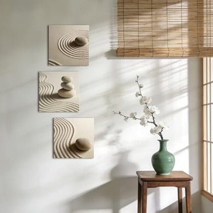 Artsbay 3 Piece Canvas Wall Art Zen Stone and Sand Giclee Print Artwork Calm Peaceful Still Life Picture Painting Modern Spa Room Wall Poster Decor Framed for Home Office Bedroom Bathroom Decoration