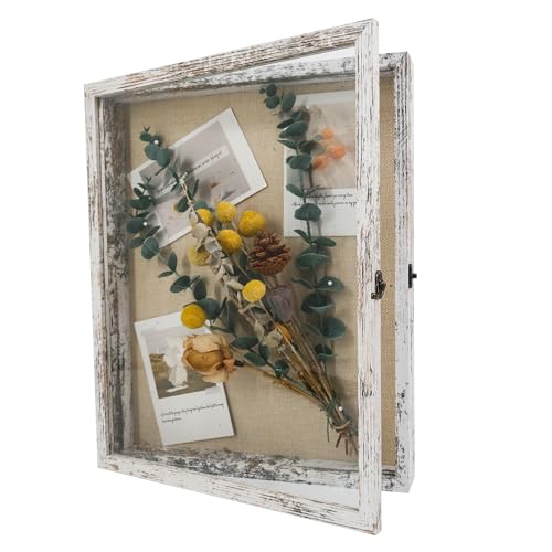 GraduationMall 13x16 Wood Shadow Box Frame Glass Door Display Case with Linen Back and 6 Stick Pins,1.5 inches Interior Depth,Ideal for Memorabilia Pictures Flowers Medals Tickets Rustic White - color: Rustic White, size: 13x16