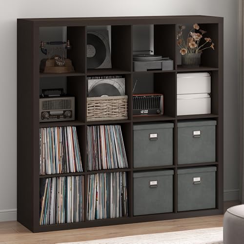 Furinno Cubicle Record Player Stand with Vinyl Storage, 16-Cube Vinyl Record Storage, 1.65" Triple Thick Open Back Media Shelf for CD DVD Blueray Game, for Living Room, Home Office, Black Dark Oak - color: Black Dark Oak, size: Triple Thick, 16-Cube Stand