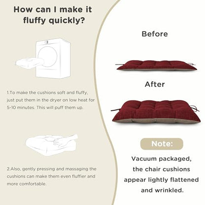 AddGrace Non-Slip Rocking Chair Cushion Extra Large Linen Thick Chair Pads Durable High Back Seat Cushions with Ties Set of 2 Burgundy - color: Burgundy