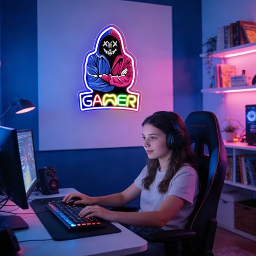Gamer Neon Sign, Split Color Hooded Smiley Gamer LED Neon Sign for Game Room Decor, Multicolor Gaming Wall Light for Bedroom, Game Room, Man Cave, Unique Gamer Gift for Men, Teens, Boys - color: Gamer colors