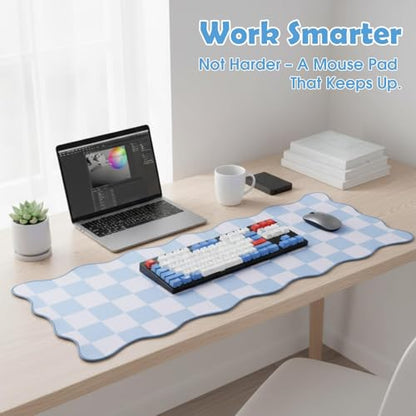 Copkim 1 Pcs Blue Scalloped Checkered Desk Mat 31.5 x 11.8 Inch Large Cute Mouse Pad Computer Mat Non Slip Waterproof Rubber Base with Border Stitching Soft Keyboard Pad for Home Office Gaming Makeup - color: Blue, style: Checkered