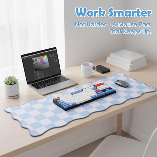 Copkim 1 Pcs Blue Scalloped Checkered Desk Mat 31.5 x 11.8 Inch Large Cute Mouse Pad Computer Mat Non Slip Waterproof Rubber Base with Border Stitching Soft Keyboard Pad for Home Office Gaming Makeup - color: Blue, style: Checkered