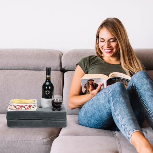 Cup Pillow Holder for Couch – Cup Glass Cozy Pillow | Bed Couch Cup Holder with SS Food Container for Pasta, Fruit, Snacks, Remote | Sofa Drink Buddy for Car, RV, Living Room, Picnic, Camping (Grey)