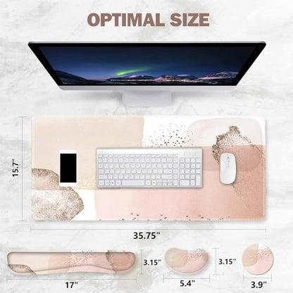 ToLuLu Extended Gaming Mouse Pad, Memory Foam Ergonomic Keyboard Mouse Wrist Rest Support Set, Large Desk Mat with Stitched Edges, Non-Slip Base Mousepad for Home Office Game Study, Pink Gold - color: Pink Gold