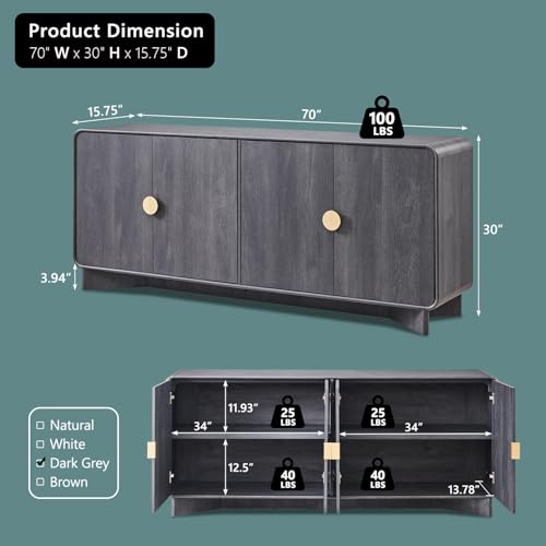 IFGET 70" Modern TV Stand for TVs Up to 80 inches, 30" Tall Entertainment Center with Storage and Adjustable Shelves, TV Console with Curved Profile Design, Media Console for Living Room, Dark Grey - color: Dark Grey, size: 70 "TV Stand