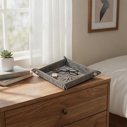 Valet Tray Desktop Storage Organizer – Vegan Leather Catchall Bedside Vanity Tray Nightstand Caddy Holder for Remote Controller, Watch, Keys, Phone, Wallet, Coin, Jewelry, Stone Gray - color: Stone Gray