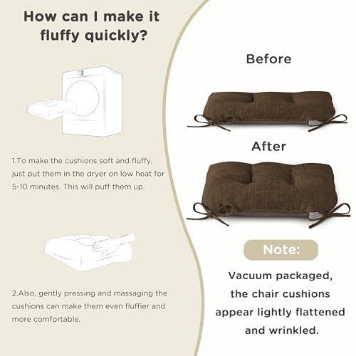 AddGrace Chair Cushions for Dining Chairs Set of 1 Kitchen Seat Cushions with Ties and Non Slip Backing Tufted Indoor Seat Pad for Kitchen Dining Room 18" x 17" x 3" Coffee - color: Coffee