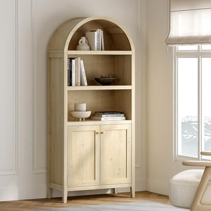 EYYTHUNG 71" Tall Arched Cabinet, 5-Tier Arched Bookcase Storage Display Cabinet with Doors and Shelves, Modern Farmhouse Bookshelf Kitchen Pantry Cabinet for Living Room Bedroom, Light Oak - color: Light Oak