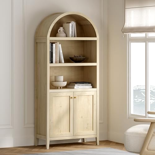 EYYTHUNG 71" Tall Arched Cabinet, 5-Tier Arched Bookcase Storage Display Cabinet with Doors and Shelves, Modern Farmhouse Bookshelf Kitchen Pantry Cabinet for Living Room Bedroom, Light Oak - color: Light Oak