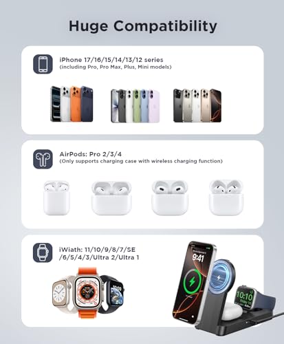 3 in 1 Magnetic Wireless for iPhone Charging Station: Foldable Portable Charger for iPhone 17-12 Pro Max & Apple Watch & AirPods, for Apple Multiple Devices Charger for Home,Office&Travel