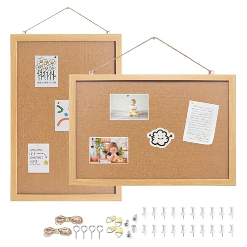 Cork Bulletin Board, 13''x18''-2pack Hanging Cork Board Wooden Framed with Pins for Wall, Dorm Room, Office, Home Decor – Natural Cork & Black Frame - color: Crude, size: 13.3*17.8inch-2pack