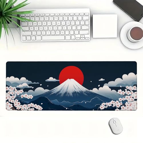 Mount Fuji Mouse Pad Large Red Sun Sakura Blossom Japanese Minimalist Gaming Mouse Pad Mat with Stitched Edge Non-Slip Base 31.5x11.8 Inch - color: Mount Fuji