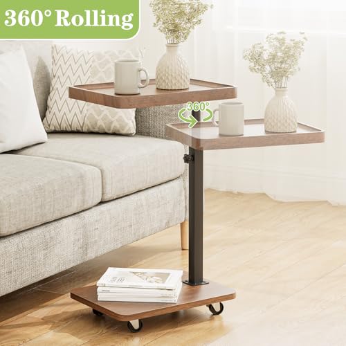 TV Tray Table for Eating,Sofa Armrest & 360° Swivel &Height Adjustable End Side Table for Couch,Snack Table for Sofa, Bedroom, Living Room, C Shaped End Table(Brown+Black) - color: Brown+black