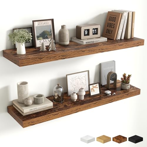 Fun Memories Floating Shelves Set of 2, 40 Inch Long Wooden Wall Shelves, 10 Inch Deep Wall Mounted Storage Shelf with Metal Brackets for Living Room, Bathroom, Bedroom and Kitchen, Rustic Brown - color: Brown Color, size: 40W x 10D x 1.5H