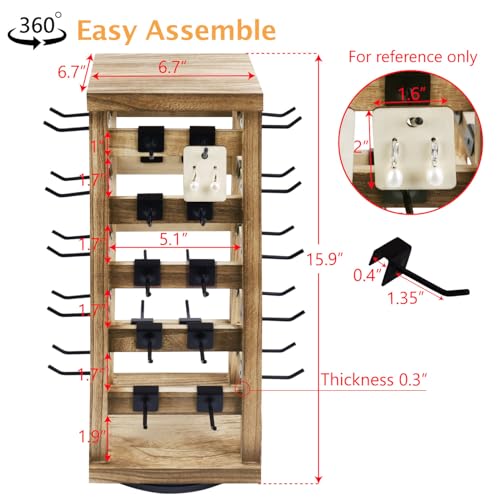 Ikee Design Wood Rotating Jewelry Display, Removable 42 Hooks Earring Display Stand, 5 Bars Earring Organizer Stand, Oak Color - color: 4 side, Oak, 42 hooks