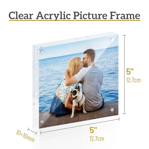 ATZYmolin 5x5 Acrylic Picture Frame 3 Pack, 20mm Thick Magnetic Double Sided Display 20% Thicker- Frameless Clear Transparent Photo Frame for Desktop/Tabletop, Self Standing with Microfiber Cloth - size: 5x5"