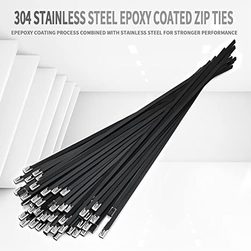 Metal Zip Ties black 100pcs 11.8 inch 304Stainless steel Epoxy Coated Cable Tie Multi-purpose Self-locking Cable Ties used for machinery, vehicles, farms, cables, pipesas well as Outdoor binding