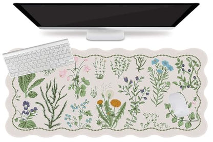 L-SPOUTTO Floral Mouse Pad,Botanical Desk Mat XXL Large Scalloped Gaming Mousepad,35.4x15.7in Non-Slip Keyboard Pad Waterproof Desktop Mat for Laptop Computer Work Game Home Office-Flowers Plants - color: Botanical Flowers Beige