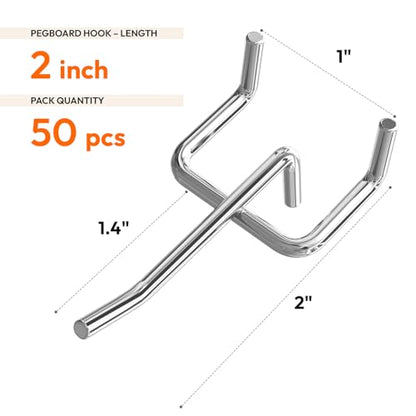JEAWIWI 50 Pack 2 Inch Metal Pegboard Hooks, Fit 1/4 in and 1/8 in Peg Board Organizer Accessories, for Hanging Storage, Garages, Tool Sheds, Basements - size: 2IN 50PCS