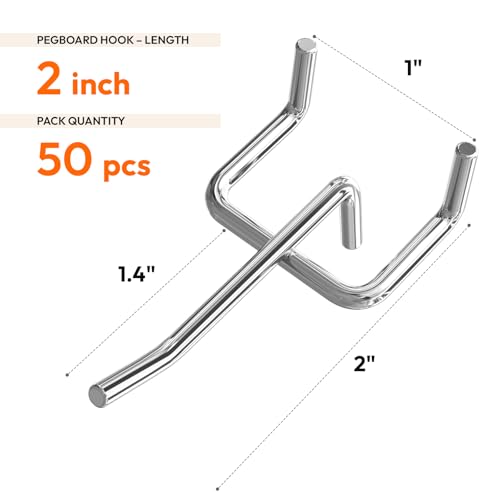 JEAWIWI 50 Pack 2 Inch Metal Pegboard Hooks, Fit 1/4 in and 1/8 in Peg Board Organizer Accessories, for Hanging Storage, Garages, Tool Sheds, Basements - size: 2IN 50PCS