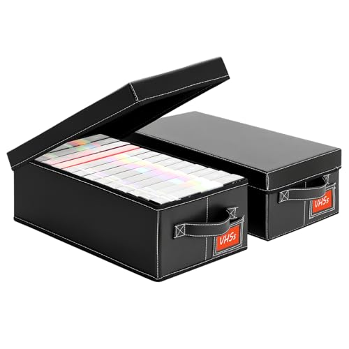 VHS Storage Box Set – 2-Pack Faux Leather Cassette Tape Storage Bins – Holds 14 Clamshell Tapes Each – Stackable Vintage Media Organizer-Black - size: VHS-2Pack-Black