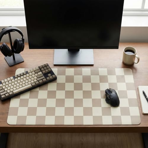 Large Desk Mat 31.5x15.7 Inch, Checkered Computer Mouse Pad Keyboard Mat, Non-Slip Office Desk Pad, Waterproof Rubber Desk Mat for Home Office Decor (Khaki) - color: Khaki