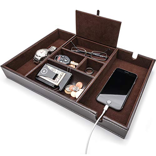 ULTRAY Nightstand Organizer, Valet Tray for Men and Women, EDC Tray, Dresser Top Catchall, Dark Brown Faux Leather, 6 Compartments