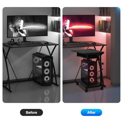 FAHKNS PC Tower Stand，2-Tier Computer Tower Stand，Computer Tower Floor Stand with Power Outlet & Lockable Wheels，PC Holder for Office/Home/Studio/Game Room