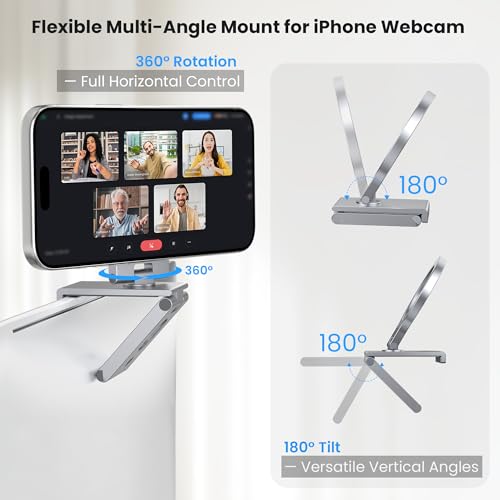 Itramax Continuity Camera Mount for iMac&Desktop Monitor,360° Adjustable iPhone Webcam Stand Holder with Metal Ring for MagSafe iPhone 17 17e/16/15/14/13/12/11/XR/XS,MacBook,Apple TV 4K,Studio Display - color: 360°Rotating-Gray