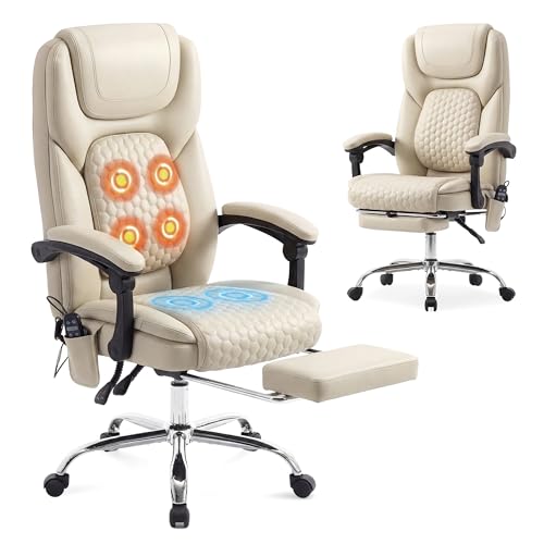 MALOL Massage Office Chair with 3-Level Heat and Footrest – 20-Min Easy Assembly, 300 lbs Big and Tall Reclining Desk Chair, PU Leather Ergonomic Executive Computer Chair with Side Pocket, Beige - color: Beige, size: Set of 1, style: Modern