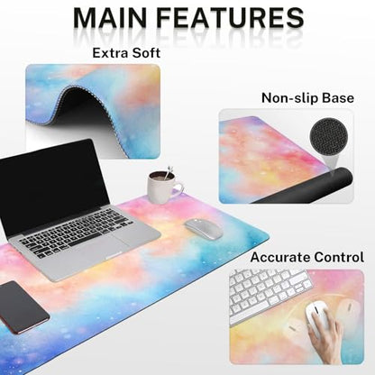 Arttown Iridescent Cloud Desk Mat Cute Mouse Pad Set 4 in 1 Colorful Starry Sky Ergonomic Design Large Desk Pad + Keyboard Wrist Rest + Mouse Wrist Rest + Coaster Suitable for Home Office Study Game - color: Iridescent Cloud