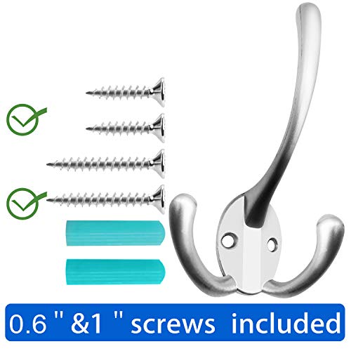 IBosins 6 Pack Big Heavy Duty Three Prongs Coat Hooks Wall Mounted with 24 Screws (Two Types of Screws Included) Retro Double Utility Rustic Hooks for Thick Coat, Big Heavy Bags (Matte Nickel) - color: Matte Nickel