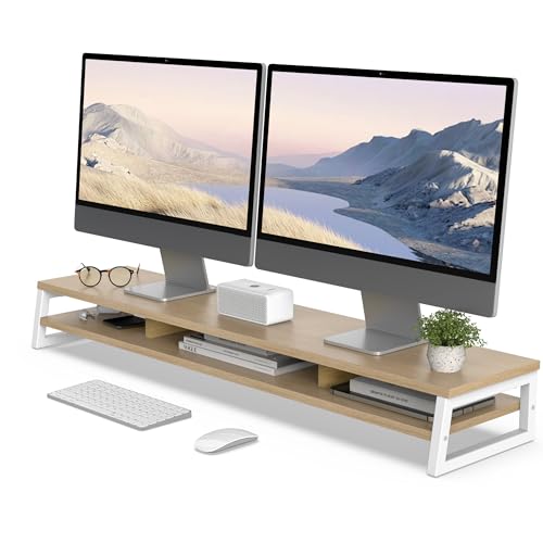 Fenge Dual Monitor Stand for Desk, 42.5in Large Monitor Riser for 2 Monitors, 2 Tier Computer Office Desk Top Shelf, Desktop Storage Stand for Laptop, PC, Computer, Printer - color: Oak
