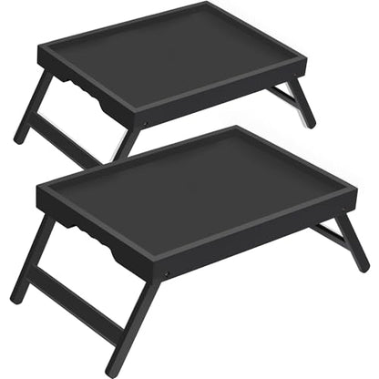 Large Breakfast Tray with Folding Legs Set of 2, 16.9" x 12.2" Bamboo Bed Tray Table with Ergonomic Wave Handles, Foldable TV Dinner Tray for Bed Couch Sofa, Breakfast, Laptop, Coffee, Black - color: Black, size: Large