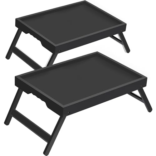 Large Breakfast Tray with Folding Legs Set of 2, 16.9" x 12.2" Bamboo Bed Tray Table with Ergonomic Wave Handles, Foldable TV Dinner Tray for Bed Couch Sofa, Breakfast, Laptop, Coffee, Black - color: Black, size: Large