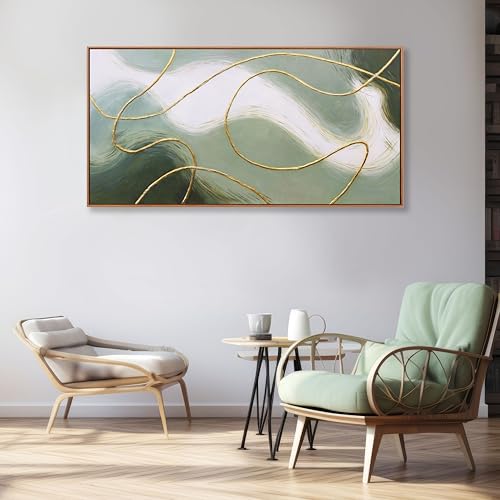 Framed Abstract Wall Art Room Decor Aesthetic Green White and Gold Lines Boho Canvas Wall Decor Artwork Modern Home Wall Decor for Living Room Bedroom Office Decor 24"x48" - color: Green, size: 48"L x 24"W