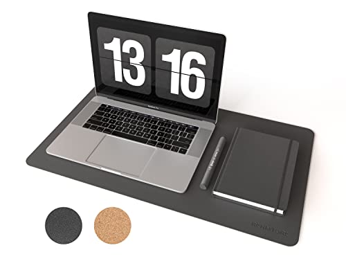 RENMTURE Dual-Sided Mouse Pad, Natural Cork & PU Leather Large Desk Pad for Office and Home Work, Desk Protector Non-Slip, Waterproof, Easy Clean (Black, 23.6" x 13.7") - color: Black, size: 23.6"x13.7"