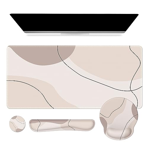 iCasso Large Gaming Mouse Pad Wrist Support Set, Desk Mat, 4in1 XXL Mousepad + Keyboard Wrist Rest+Mouse Wrist Rest+Coaster Set with Ergonomic Design for Home Office Table Computer-Brown Art - color: Brown Art