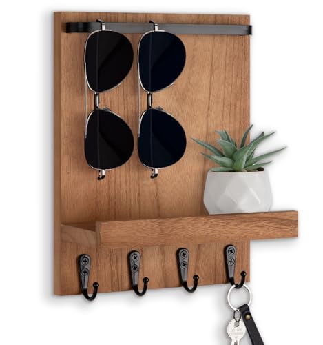 Key Holder Wall Mount, Key Holder for Wall with 4 Hooks, Farmhouse Key Hanger Holds Dog Leash, Sunglasses – Decorative Mail Organizer Home Decor (Wood) - color: Wood