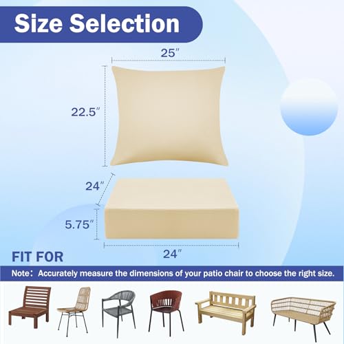 IASEAHK Outdoor Seat Cushion Set, Waterproof & Fade Resistant Patio Chair Cushions, Outdoors Cushion for Patio Furniture, 24 x 24 x 5.75 Inch, Outdoor Couch Cushions with Handle and Ties, Light Khaki - color: Light Khaki, size: 24*24+5.75/25*22.5