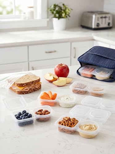 20-Pack 2 Compartment Snack Containers with Secure-Fit Lids, Reusable BPA-Free Snack Prep Boxes, Portion Control Food Storage Containers for Lunch, Meal Prep, Office, Picnic & Travel (20)