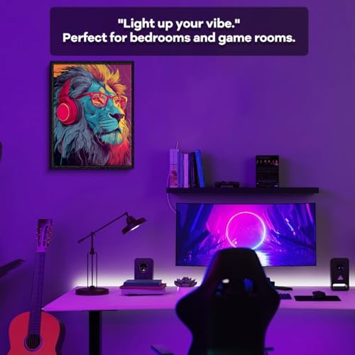 Headphone Lion Wall Art, neon graffiti portrait, street art wall decor, matte finish framed canvas print, music poster artwork, for dorm game room gift, 12x15 inch - color: Retro Neon Lion