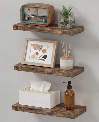 LifetimeWarranty Easy Install Floating Shelves,15.7 Inch Wall Mounted Wooden Floating Shelves, Small Wall Shelf for Storage&Home Decor, Living Room, Kitchen, Office, Corner Shelf for Bathroom,Set of 3 - color: Brown Floating, size: 15.7 Inch