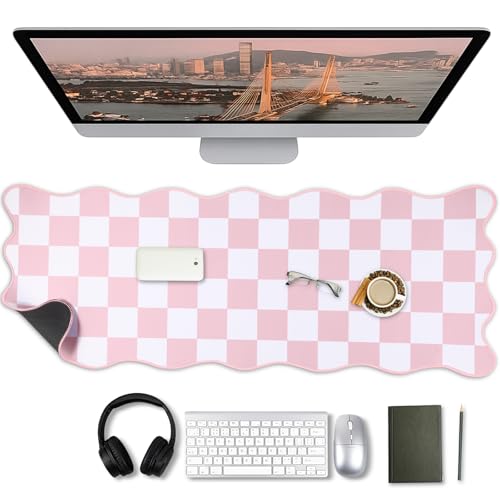 Copkim 1 Pcs Pink Scalloped Checkered Desk Mat 31.5 x 11.8 Inch Large Cute Mouse Pad Computer Mat Non Slip Waterproof Rubber Base with Border Stitching Soft Keyboard Pad for Home Office Gaming Makeup - color: Pink, style: Checkered