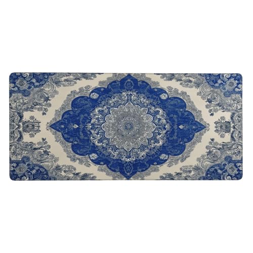 Extended Mouse Pad, Persian Rug Design, Blue and Beige, 35.4x15.7 Inches, Rubber Base with Stitched Edges, Gaming Keyboard Desk Mat - color: Blue Carpet