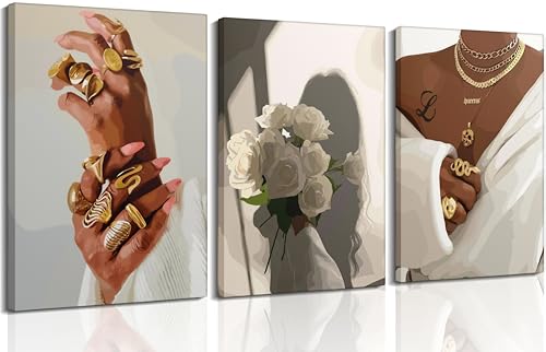3Pcs Black Woman Canvas Wall Art African American Painting Picture Wall Decor Fashion Trendy Black Poster White Flower Aesthetic Poster Print Artwork for Girls Room Bedroom Home Decoration - color: Black Woman Canvas, size: 24"L x 16"W