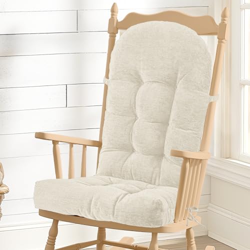 Rocking Chair Cushion - Soft Chenille Fabric Seat Pad with Tufted Design, Non-Slip Bottom and Secure Ties, for Nursery Glider, Adirondack and Indoor Rocker Chair, 44x19x4 Inch, Oyster White - color: Chenille | Oyster White