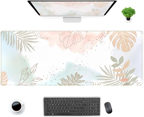 Pastel Boho Leaf Desk Mat Aesthetic Gaming Mouse Pad XL Large Extended Desk Pad Anime Desk Matt for Desktop, Laptop Computer Keyboard and Mouse Mat for Women Office Decor Accessories 31.5x11.8 in - color: Pastel Boho Leaf, size: 31.5" x 11.8"