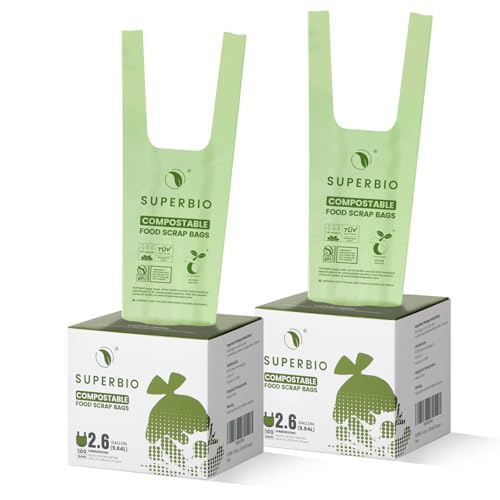 SUPERBIO 2.6 Gallon Compostable Bags, 100 Count, 2 Pack, 9.84L, Handle Tie Food Waste Bags, BPI and OK compost INDUSTRIAL Certified - color: 2.6 gallon, 200 count